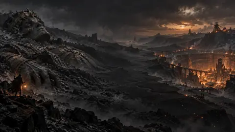 Titan endormi sous une plaine de cendre des Marches Grises, cité-fosse éclairée au loin