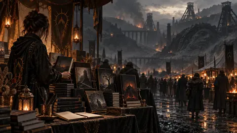 Table de salon du livre à la lueur des lanternes, piles de romans et carnet de dédicaces