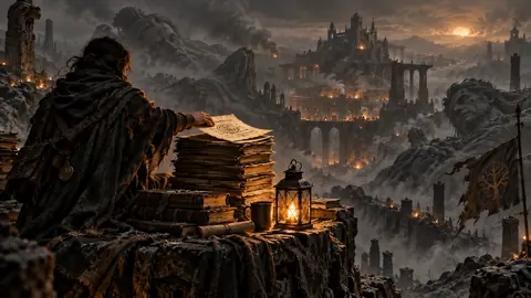 Manuscrit inachevé sur une table de cartographe, éclairé par une lampe dans la pénombre d'un atelier du Nord