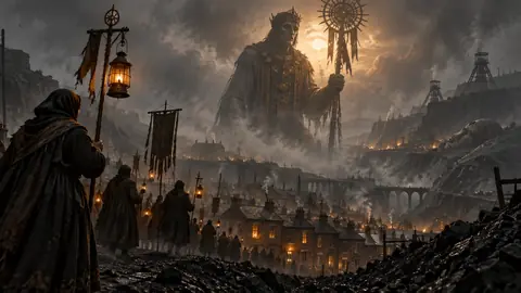 Géant de procession du Nord dressé dans la brume au-dessus d’une foule, sa silhouette se fondant avec celle d’un titan enfoui sous la cendre.
