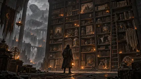 Un auteur solitaire penché sur un manuscrit à la lueur d'une lanterne, dans un atelier voilé de brume des Marches Grises