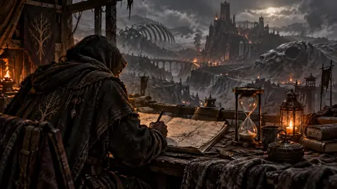 Sablier a demi ecoule pose sur des cartes anciennes du Nord, dans la penombre d'un atelier d'archiviste