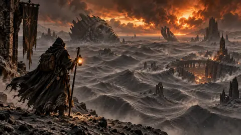 Vaste plaine de cendre grise et terrils sous un ciel bas, univers dark fantasy des Marches Grises