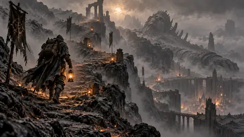 Un cartographe penché sur une carte des Marches Grises, la brume montant d'une cité-fosse sous une lumière de cendre.