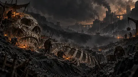Ferrailleurs dans les tranchées de cendre, fouillant les ossements d'un titan sous un ciel de suie