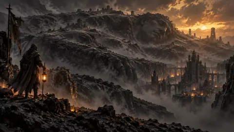Silhouette colossale d'un titan endormi affleurant sous une lande de cendre grise, une cité-fosse nichée dans le creux de son flanc.