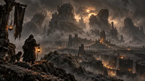 Ciel de cendre au-dessus d'une cité-fosse des Marches Grises, silhouette de titan enfoui devinée sous le sol