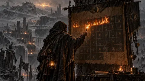 Un ancien cartographe des Marches Grises écrivant sous une lampe, un calendrier de trente jours au mur, la brume grise aux fenêtres de l'archive.