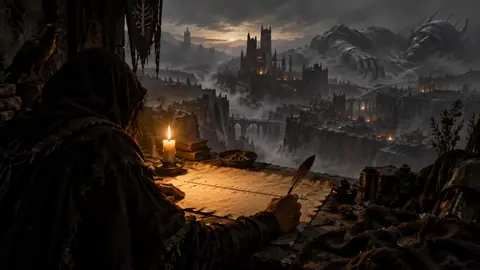 Seuil de pierre couvert de cendre à l'entrée d'une cité-fosse des Marches Grises, sous une lumière de braise.