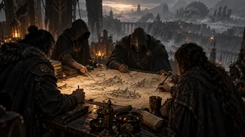 Un cartographe des Marches Grises relit un manuscrit annoté de plusieurs mains, feuillets étalés sous une lampe basse dans une lumière de cendre.