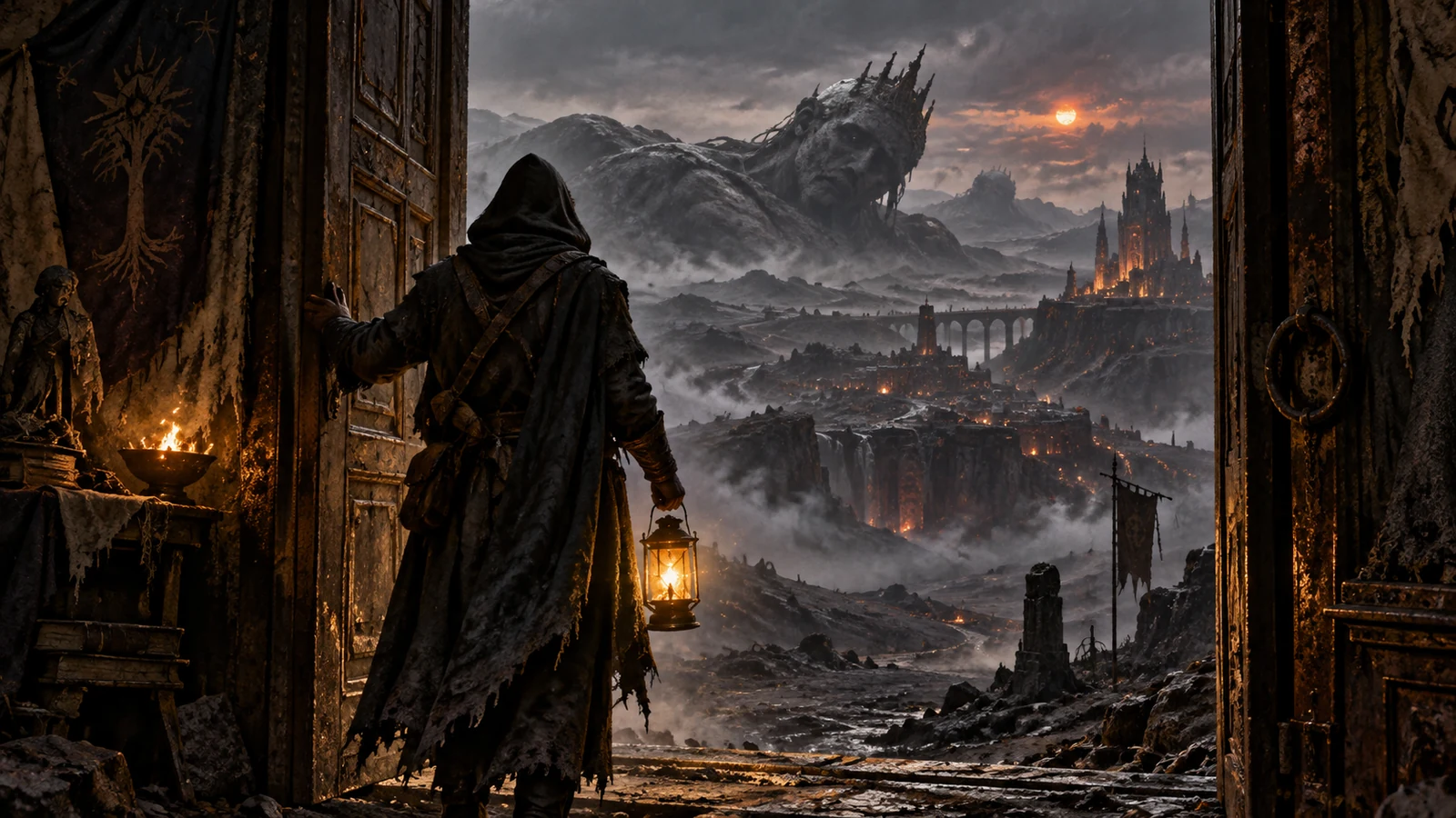 Plume et manuscrit ouvert sur une première page, éclairés par une braise, dans l'atelier d'un auteur de dark fantasy.