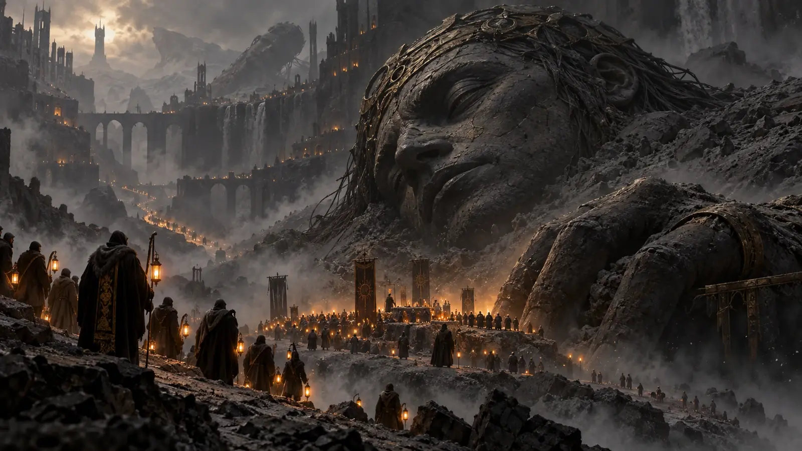 Titan enfoui sous la cendre d’une cité-fosse, épaule et main colossales émergeant du sol parmi les terrils.