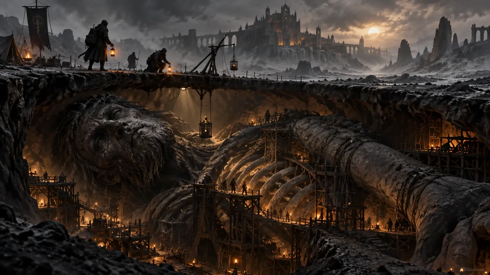 Vaste corps de titan endormi affleurant sous une lande de cendre, une cité-fosse blottie dans le creux de son flanc.