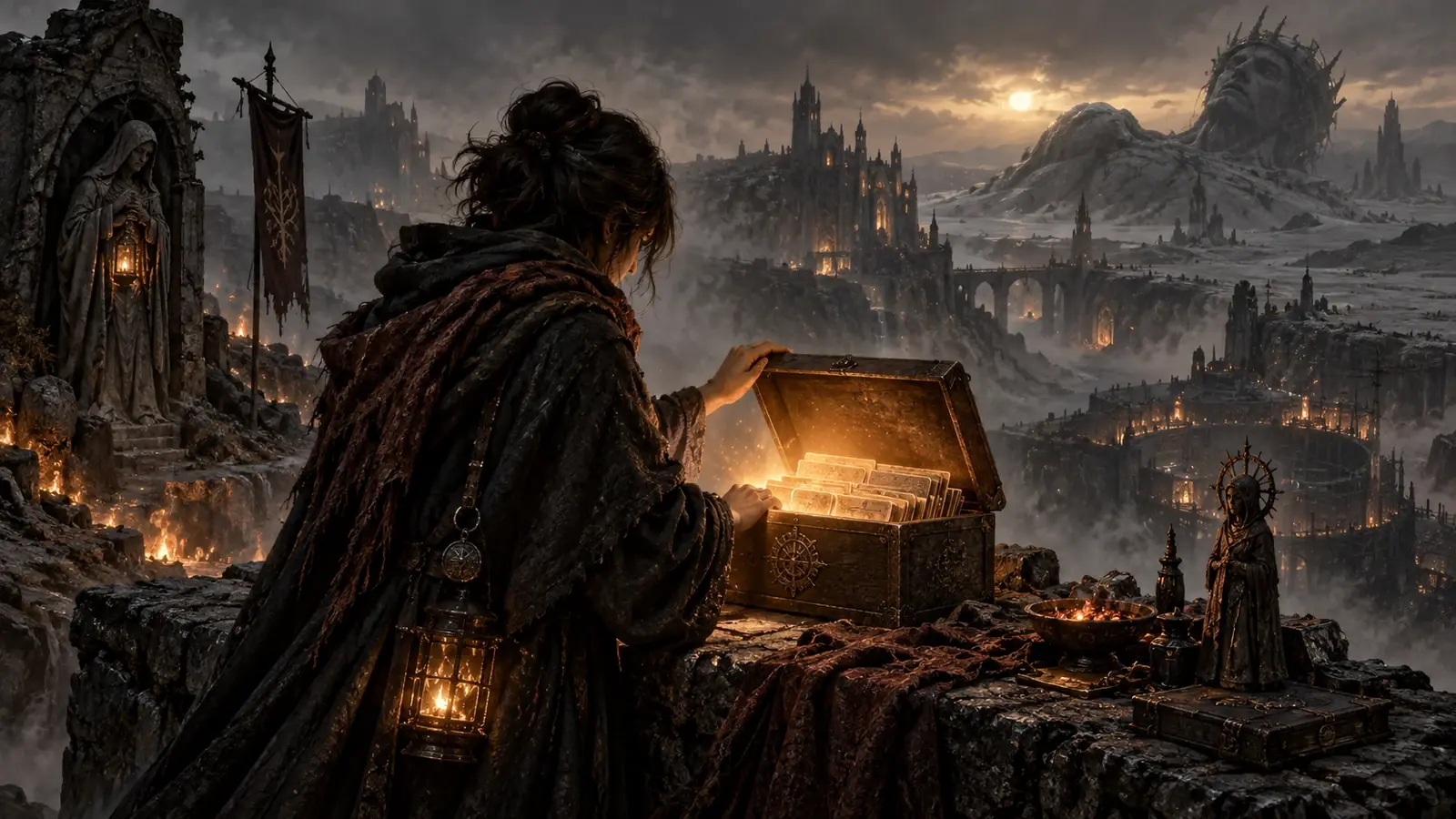 Une longue table couverte de cartes des Marches Grises, de fiches de personnages et de chronologies manuscrites sous une lampe à huile