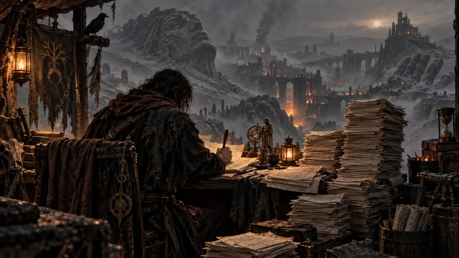 Pile de feuillets manuscrits et corrigés sur une table d'archive, la cendre du soir tombant sur la cité-fosse au loin