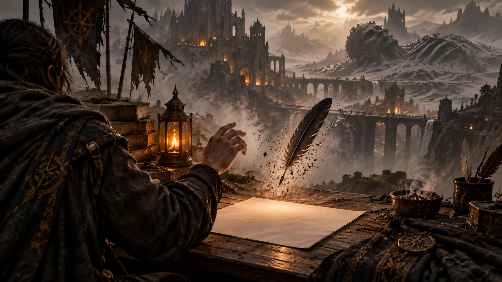 Table de travail d'un cartographe avec une carte trouée, une plume et une lampe à huile projetant une lueur ambrée.